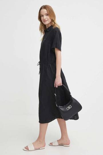 Льняное платье Tommy Hilfiger цвет чёрный midi расклешённое WW0WW41911 Льняное платье Tommy Hilfiger цвет чёрный midi расклешённое WW0WW41911