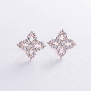 Серьги - пусеты "Клевер" с фианитами (красное золото) с08620 Серьги - пусеты "Клевер" с фианитами (красное золото) с08620