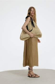 Reserved - Смугаста лляна сукня - теплий оливковий - 569EI-19X