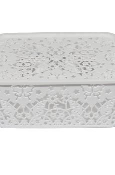 Корзина для хранения Kornel пластиковая, с крышкой, светло-серая, 25*20*10 см (8117)