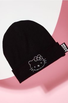 Ребриста шапка з аплікацією зі стразів Hello Kitty - чорний
