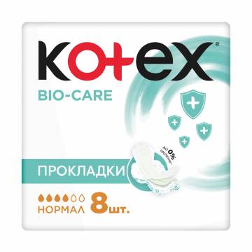 Прокладки для критических дней Kotex Bio-Care Нормал, 8 шт Прокладки для критических дней Kotex Bio-Care Нормал, 8 шт