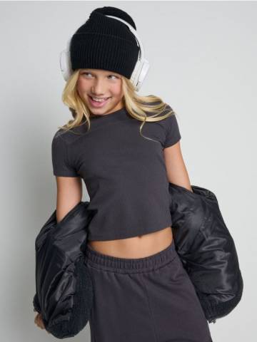 Трикотажна смугаста футболка - антрацитовий