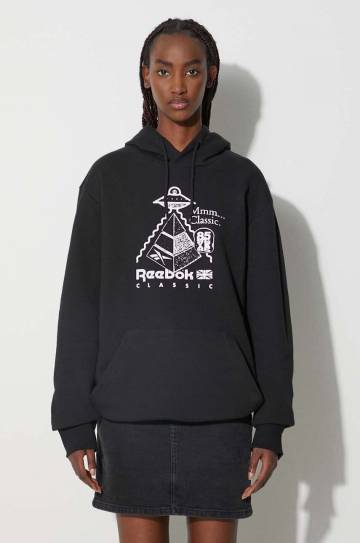 Хлопковая кофта Reebok Classic цвет чёрный с капюшоном с принтом HT8178-BLACK Хлопковая кофта Reebok Classic цвет чёрный с капюшоном с принтом HT8178-BLACK