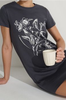 Бавовняна нічна сорочка з принтом - темно-сірий