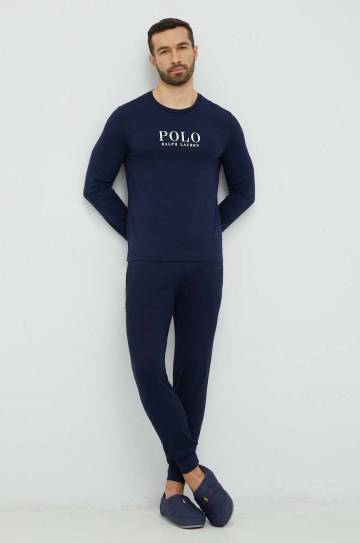 Хлопковый пижамный лонгслив Polo Ralph Lauren цвет синий с принтом Хлопковый пижамный лонгслив Polo Ralph Lauren цвет синий с принтом