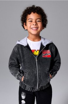 Джинсова куртка з капюшоном від світшоту та принтом на спині Marvel - чорний