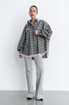 Сіра картата сорочка оверсайз з мереживом