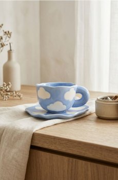 Керамічна чашка з блюдцем із мотивом хмар - light blue