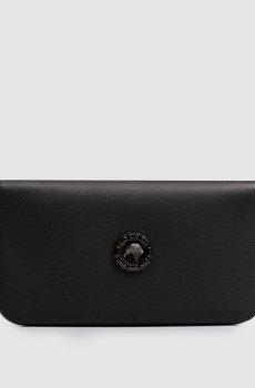 Черный кожаный кошелек с металлической эмблемой
