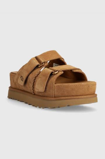 Замшевые шлепанцы UGG Goldenstar Hi Slide женские цвет коричневый на платформе 1155458 Замшевые шлепанцы UGG Goldenstar Hi Slide женские цвет коричневый на платформе 1155458