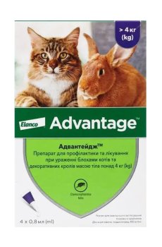 Капли для кошек и декоративных кроликов Elanco Advantage от блох, от 4 кг, 4*0.4 мл