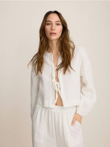Reserved - Блузка з мусліну з завязками - білий - WK553-00X