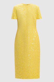 Желтое твидовое платье-футляр в пайетке
