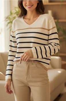 Смугастий Светр із V-Подібним Вирізом - білий