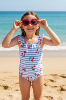 Суцільний купальник з мотивом вишень - light blue