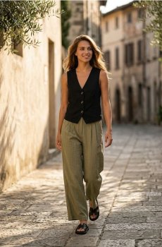 Широкі штани wide leg з вертикальними смужками з віскозою та домішкою льону - різнобарвний