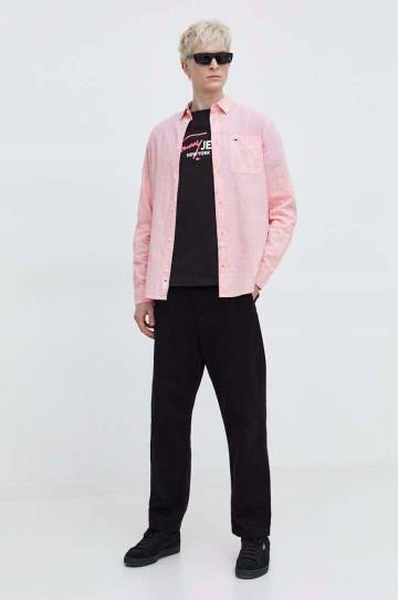 Рубашка с примесью льна Tommy Jeans цвет розовый regular классический воротник Рубашка с примесью льна Tommy Jeans цвет розовый regular классический воротник