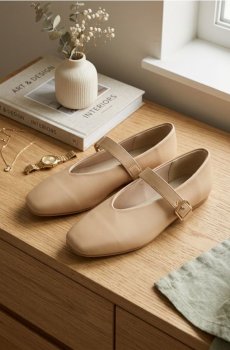 Балетки з ремінцем і шкіряною устілкою - бежевий