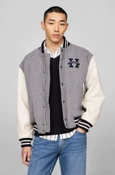 Мужской серый шерстяной бомбер LEATHER VARSITY JACKET Серый M Tommy Hilfiger MW0MW37032