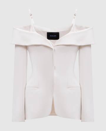 Белый жакет с шерстью с открытыми плечами Белый жакет с шерстью с открытыми плечами