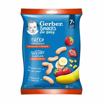 Кукурузные снеки Gerber с клубникой и бананом, от 7 месяцев, 28 г Кукурузные снеки Gerber с клубникой и бананом, от 7 месяцев, 28 г