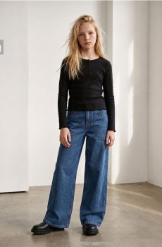 Джинси wide leg high waist з вишиваними вишнями - синій