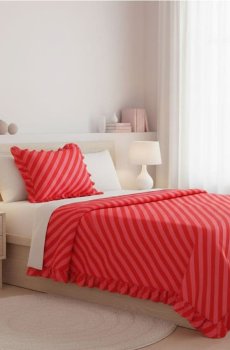 Комплект постільної білизни в смужку з воланом - червоний
