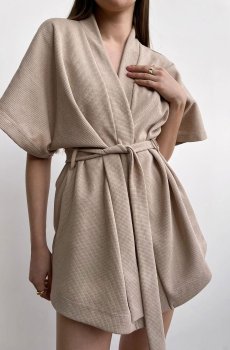 Пижамный комплект женский Miso Waffle Шорты и халат, бежевый, размер M/L (10339)