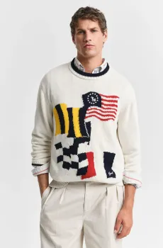 Мужской белый свитер FLAG INTARSIA COTTON C-NECK Белый S Gant 8040220