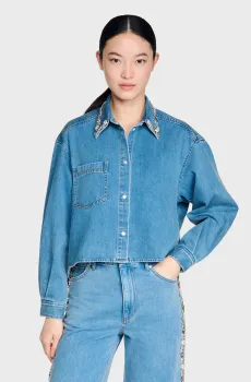 Женская голубая джинсовая рубашка Голубой XS Sandro SFPCM01571_Blue Jean