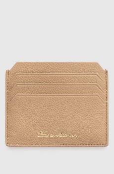 Бежевый кожаный картхолдер с принтом логотипа