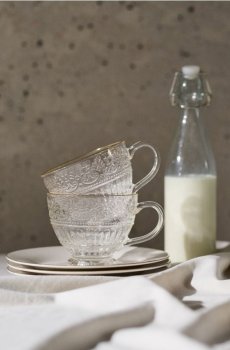 Скляні чашки на ніжці з тисненим візерунком і золотою облямівкою, набір 2 шт. - clear