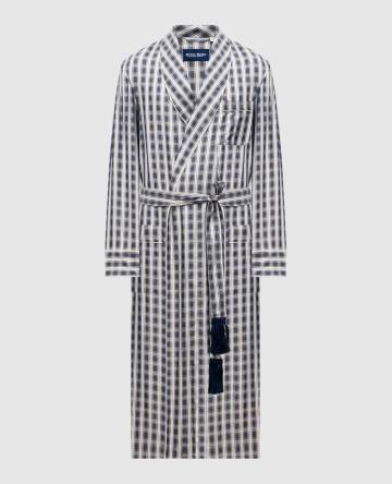 Синий халат из шелка в клетку