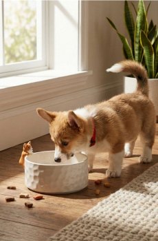 Керамічна миска для тварин з фігуркою собаки - кремовий