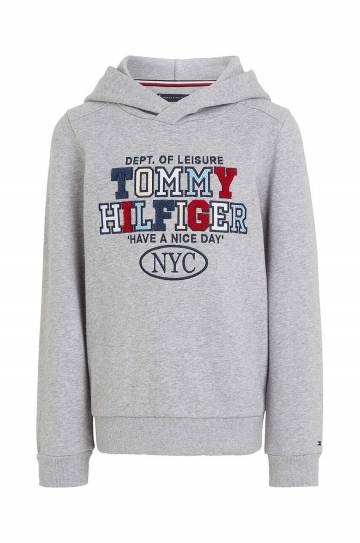 Детская кофта Tommy Hilfiger цвет серый с капюшоном с аппликацией KB0KB09050 Детская кофта Tommy Hilfiger цвет серый с капюшоном с аппликацией KB0KB09050