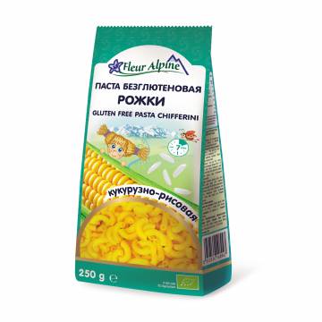 Детские безглютеновые кукурузно-рисовые макароны Fleur Alpine Organic Рожки, 250 г Детские безглютеновые кукурузно-рисовые макароны Fleur Alpine Organic Рожки, 250 г
