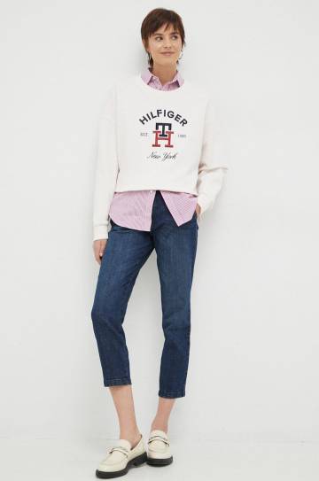 Хлопковая кофта Tommy Hilfiger женская цвет бежевый с аппликацией Хлопковая кофта Tommy Hilfiger женская цвет бежевый с аппликацией