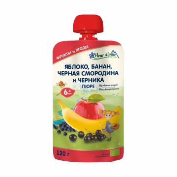 Детское фруктово-ягодное пюре Fleur Alpine Organic Яблоко, банан, черная смородина и черника, от 6 месяцев, 120 г Детское фруктово-ягодное пюре Fleur Alpine Organic Яблоко, банан, черная смородина и черника, от 6 месяцев, 120 г