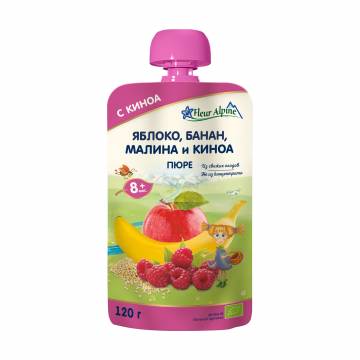 Детское фруктово-ягодное пюре Fleur Alpine Organic Яблоко, банан, малина и киноа, от 8 месяцев, 120 г Детское фруктово-ягодное пюре Fleur Alpine Organic Яблоко, банан, малина и киноа, от 8 месяцев, 120 г