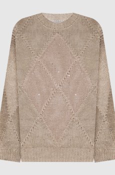 Бежевый ажурный джемпер с льном