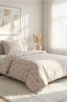 Сатиновий комплект постільної білизни з рослинним принтом - бежевий