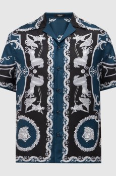 Синяя рубашка из шелка в принт Hall of Heroes