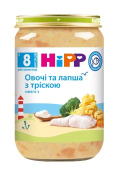 Детское рыбо-овощное пюре HiPP Овощи и лапша с треской, с 8 месяцев, 220 г