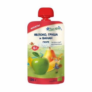 Детское фруктовое пюре Fleur Alpine Organic Яблоко, груша и банан, от 6 месяцев, 120 г Детское фруктовое пюре Fleur Alpine Organic Яблоко, груша и банан, от 6 месяцев, 120 г