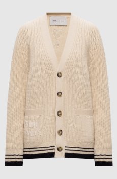 Бежевый кардиган с шерстью с брендовыми нашивками