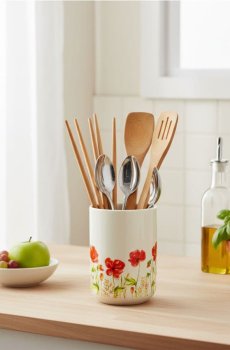 Керамічний органайзер для столових приборів з квітковим мотивом - кремовий