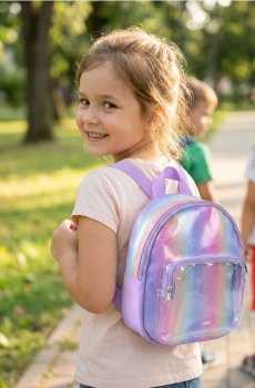 Рюкзак з голографічним ефектом і прозорою кишенею - світло-ліловий