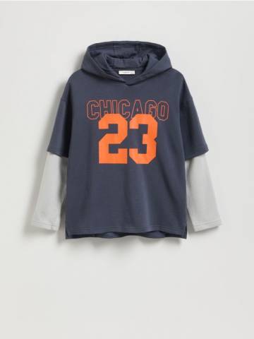 Reserved - Лонгслів з капюшоном з бавовни - темно-синій - 028FI-59X Reserved - Лонгслів з капюшоном з бавовни - темно-синій - 028FI-59X