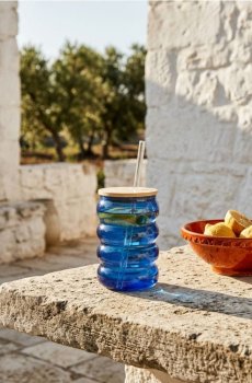 Скляний кухоль з кришкою та соломинкою - синій